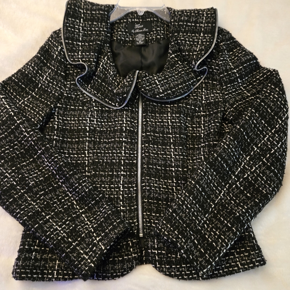 Trenz Jacket Treed Black White Ruffle Collar Zipper Size Medium Plaid‎ Career